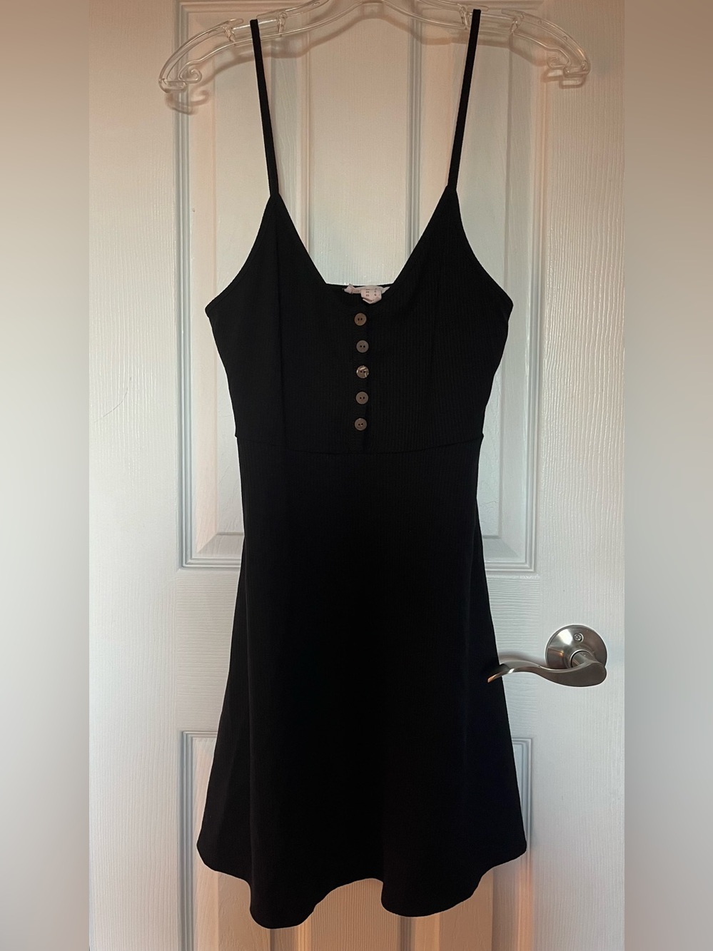 Streetwear Society Black Spaghetti-Strap Mini Dress with Button Detail